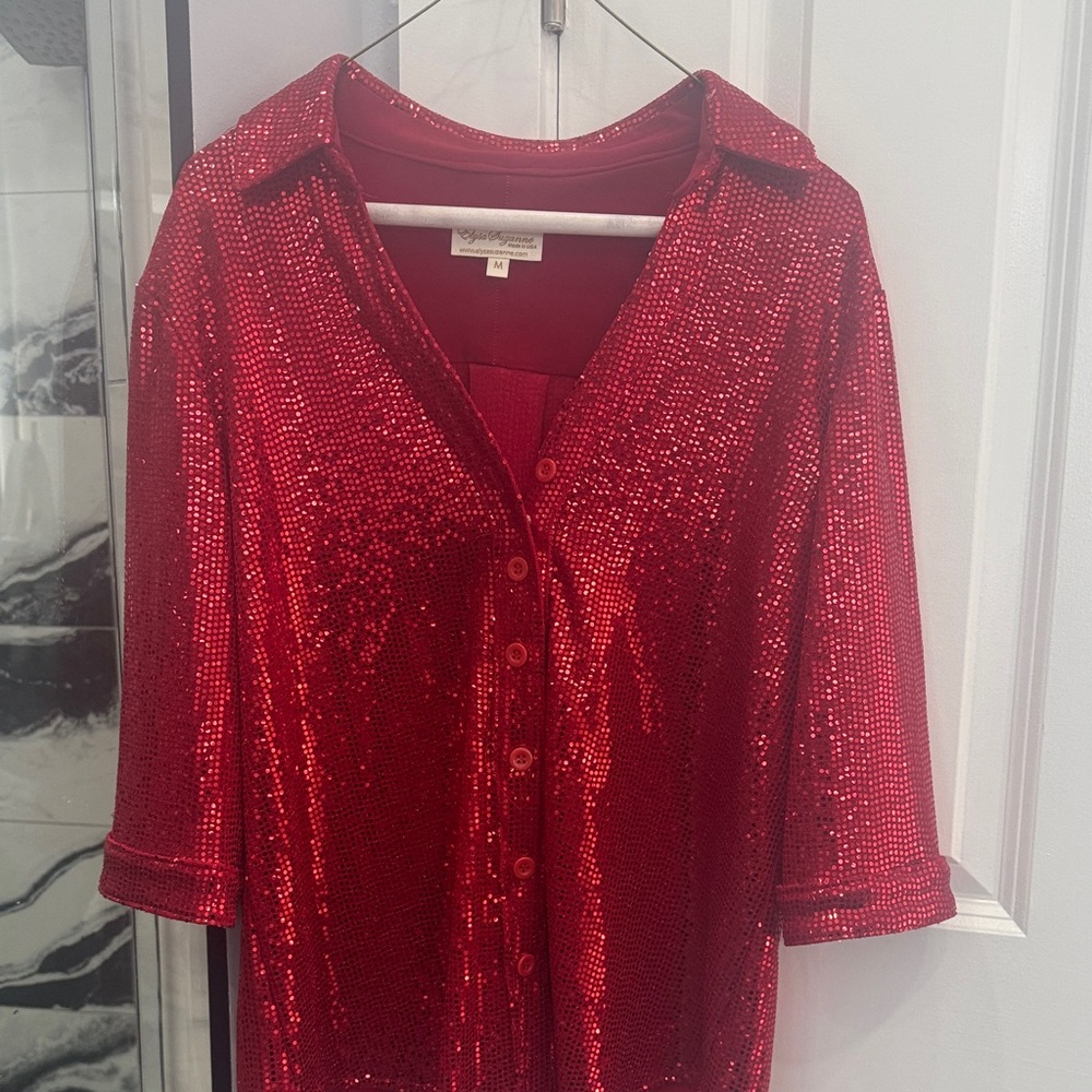 Elegant Red Sequin Button-Down Shirt